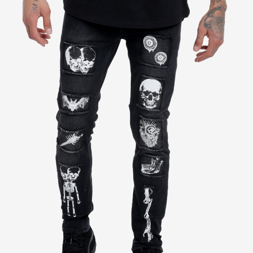 Black Anatomy Patched Stinger‎ Jeans Hot Topic Horror Halloween